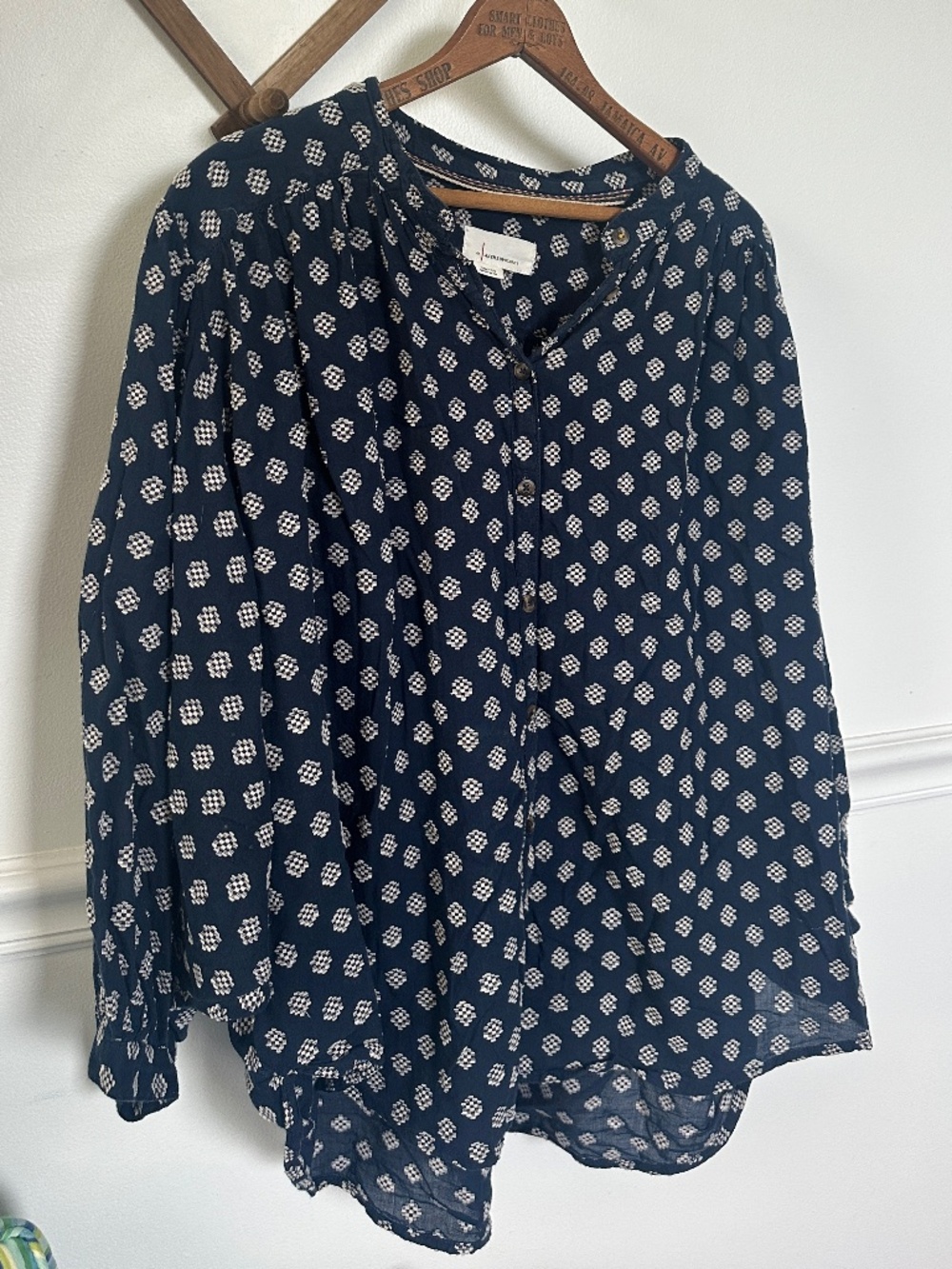 Anthropologie Navy Woven Geo Print Button Blouse XL